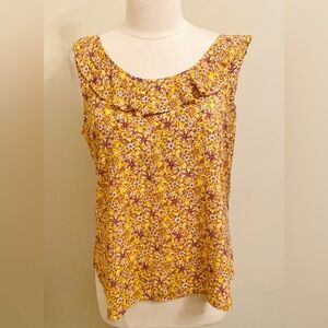 Gap Yellow Pink Ditsy Floral Print Sleeveless Ruffled Scoop  Neck Tank Top SZ L